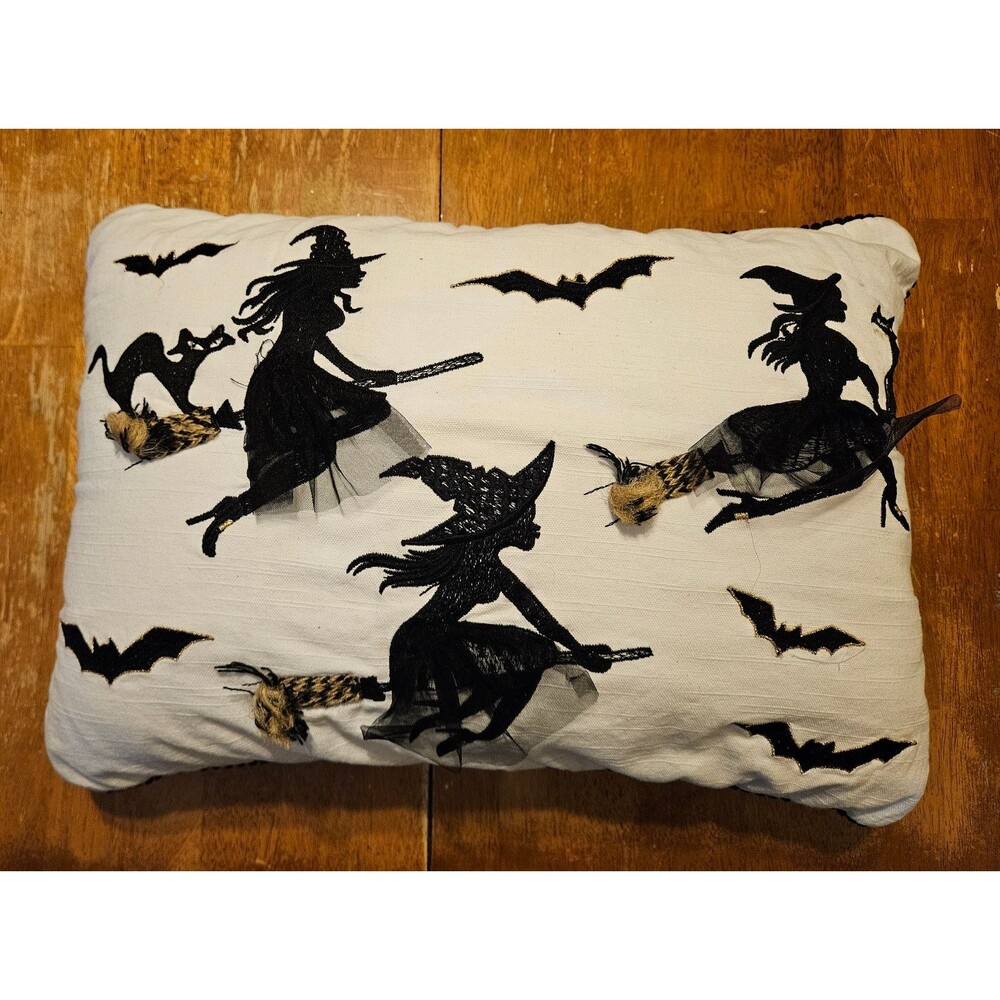 Halloween Witch Cat 3D Decorative Throw Pillow Black White Moonlight Manor Decor